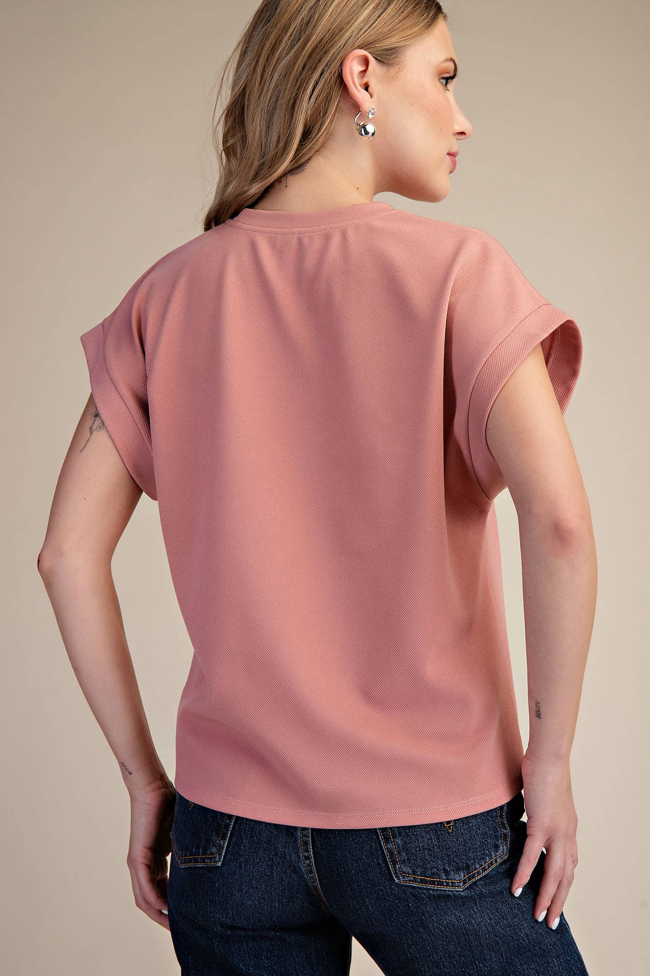 Glam - Crew Neckline Cuffed Top/ Blush