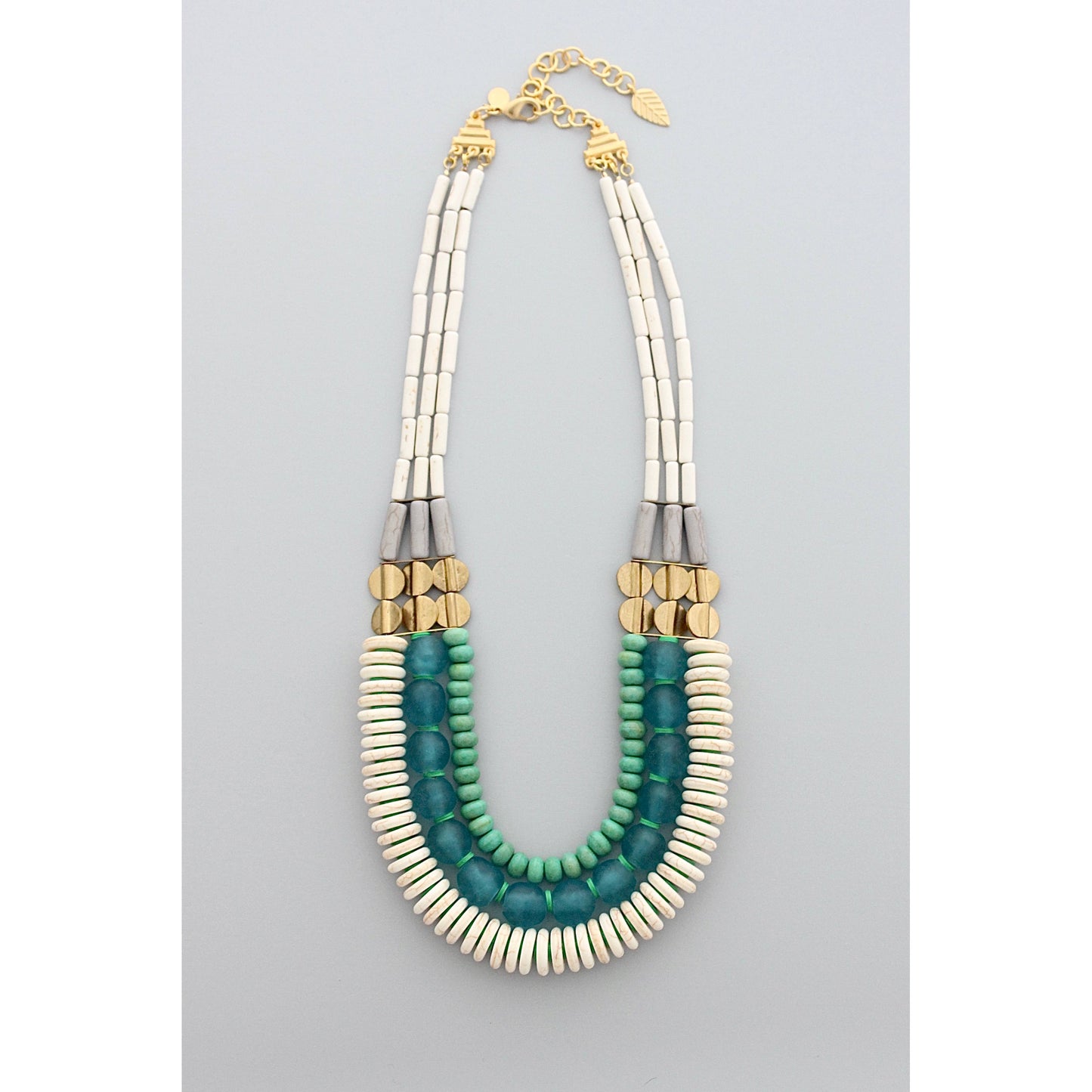David Aubrey Jewelry - Triple strand white, aqua Ghana glass, and turquoise