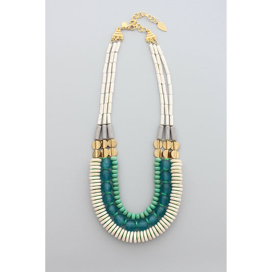 David Aubrey Jewelry - Triple strand white, aqua Ghana glass, and turquoise
