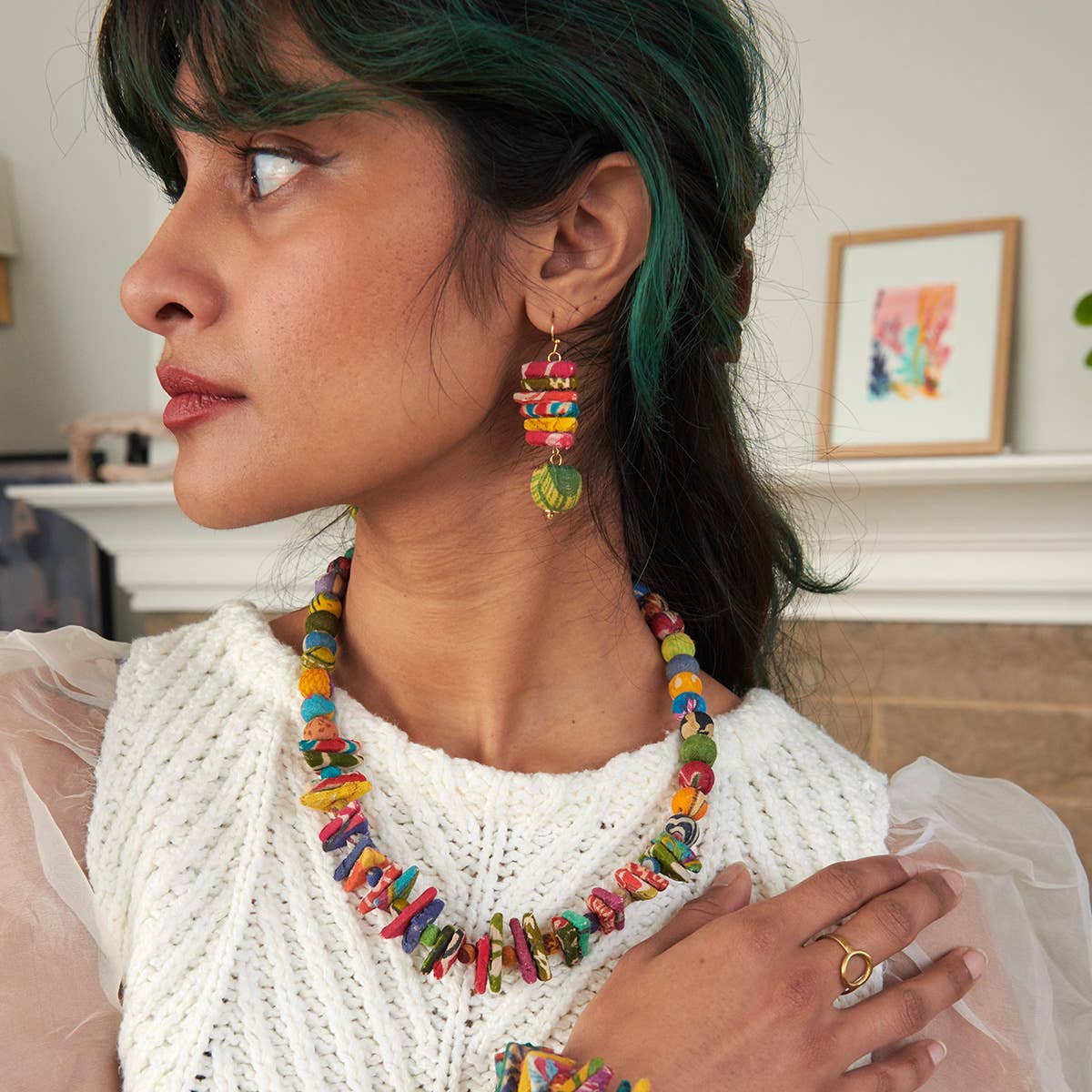 WorldFinds - Kantha Stacked Triangle Earrings
