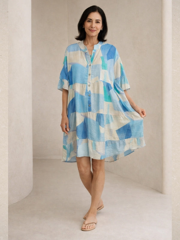 LOOWIE - Blue Abstract Tiered  Dress