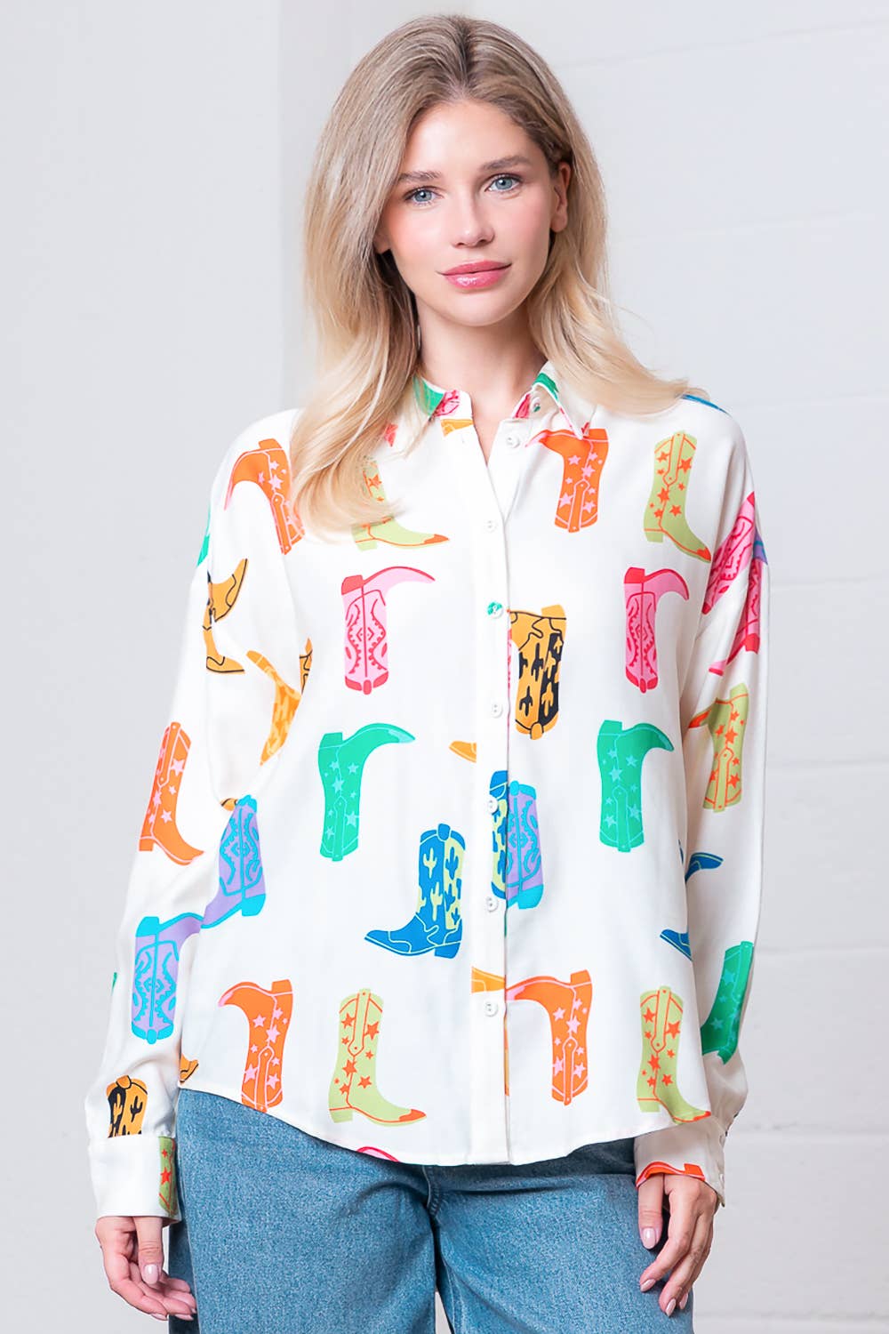 Taelynn - Cowboy Boots Print Button-Up Top