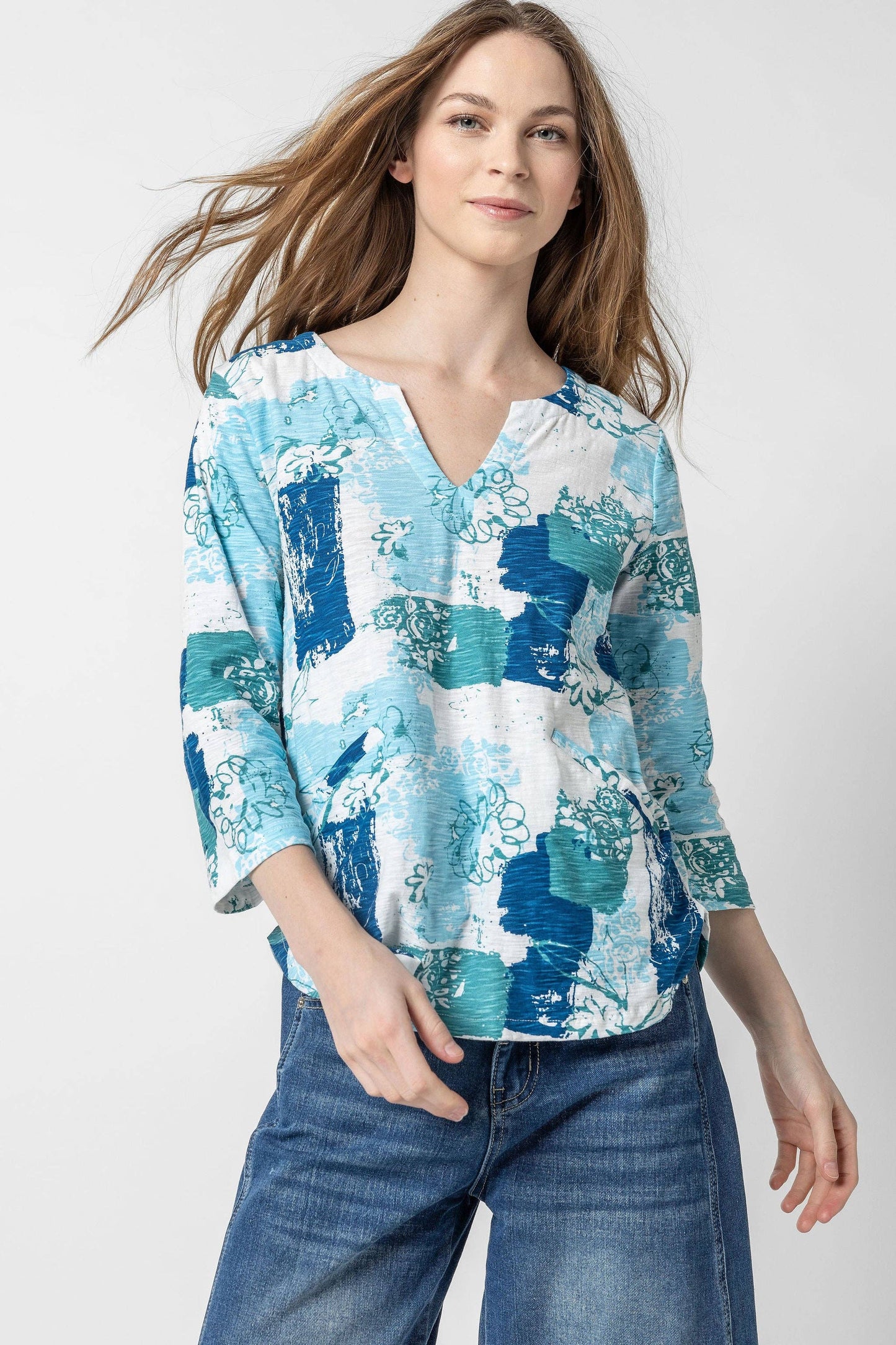 Komil - Savannah Print Notch 3/4 Sleeve Top: X-Small