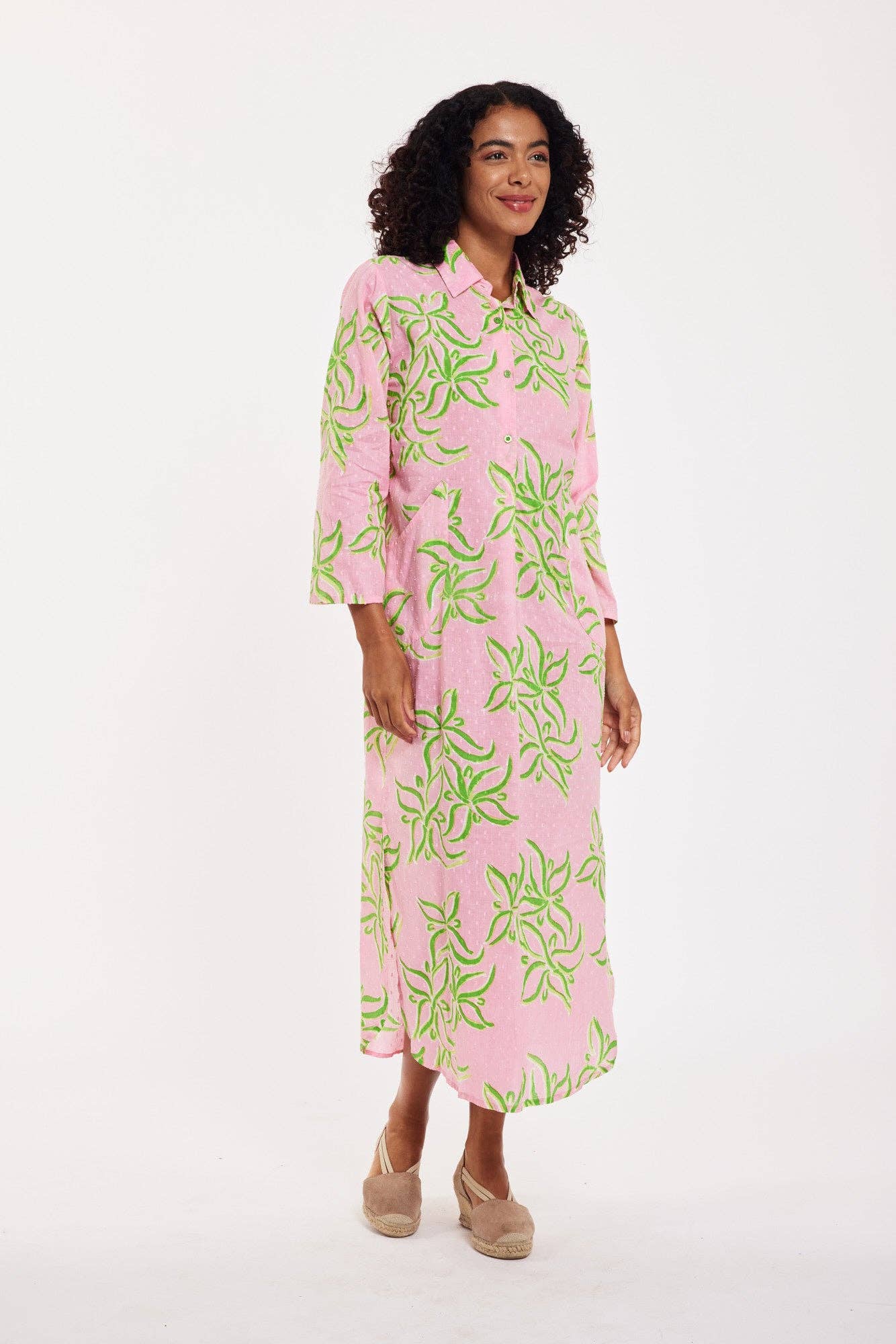 ModaPosa - Gabriella Maxi Caftan Shirt Dress Pink Green