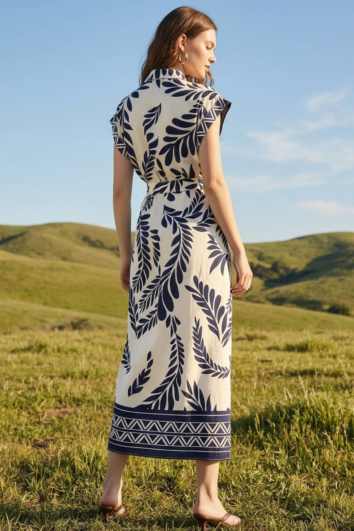 Taelynn - Leaf Print Midi Shirt Dress