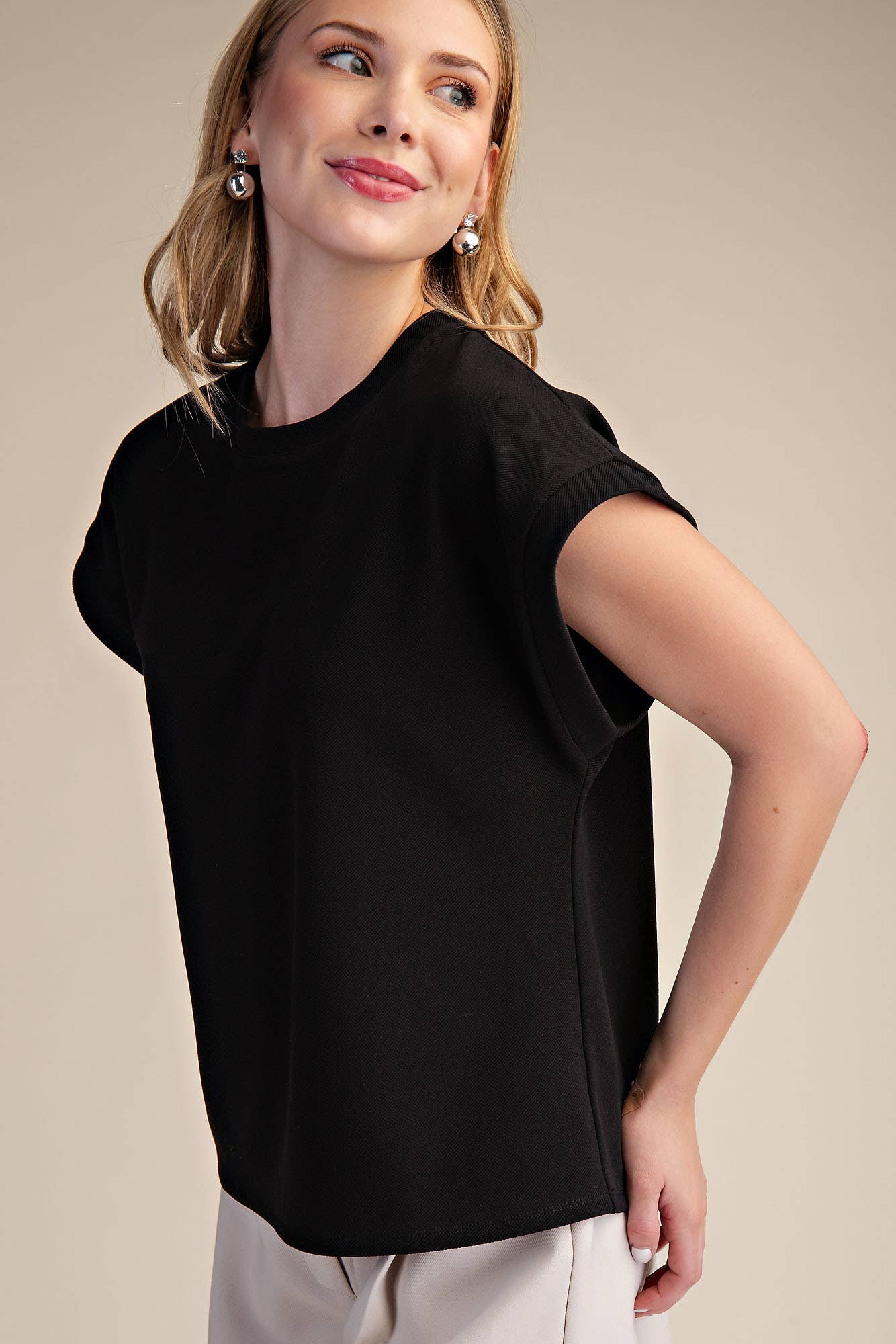 Glam - Crew Neckline Cuffed SS Top