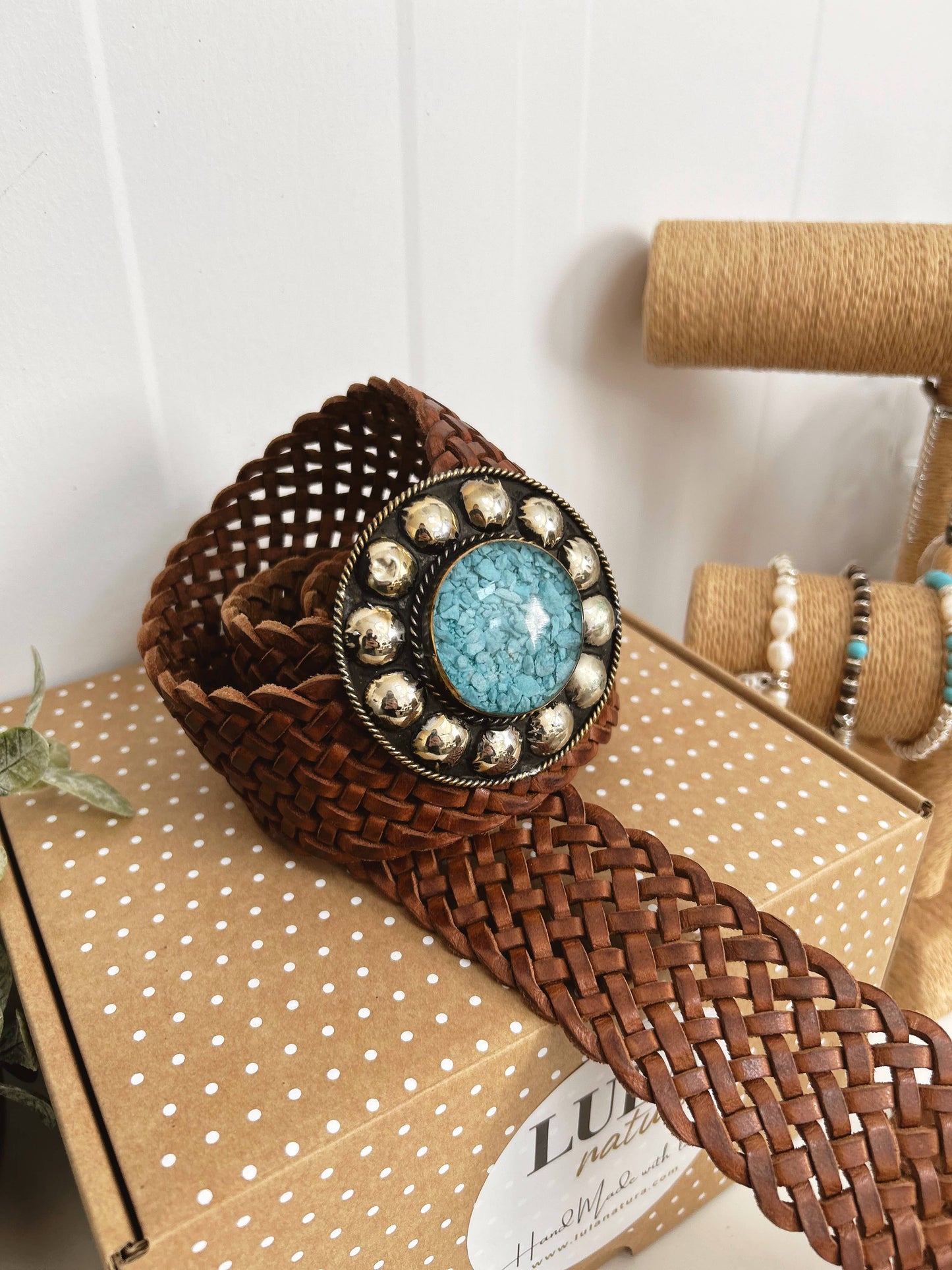 Lula Natura - Brown Leather Belt Satu Wide w/ Blue Stone