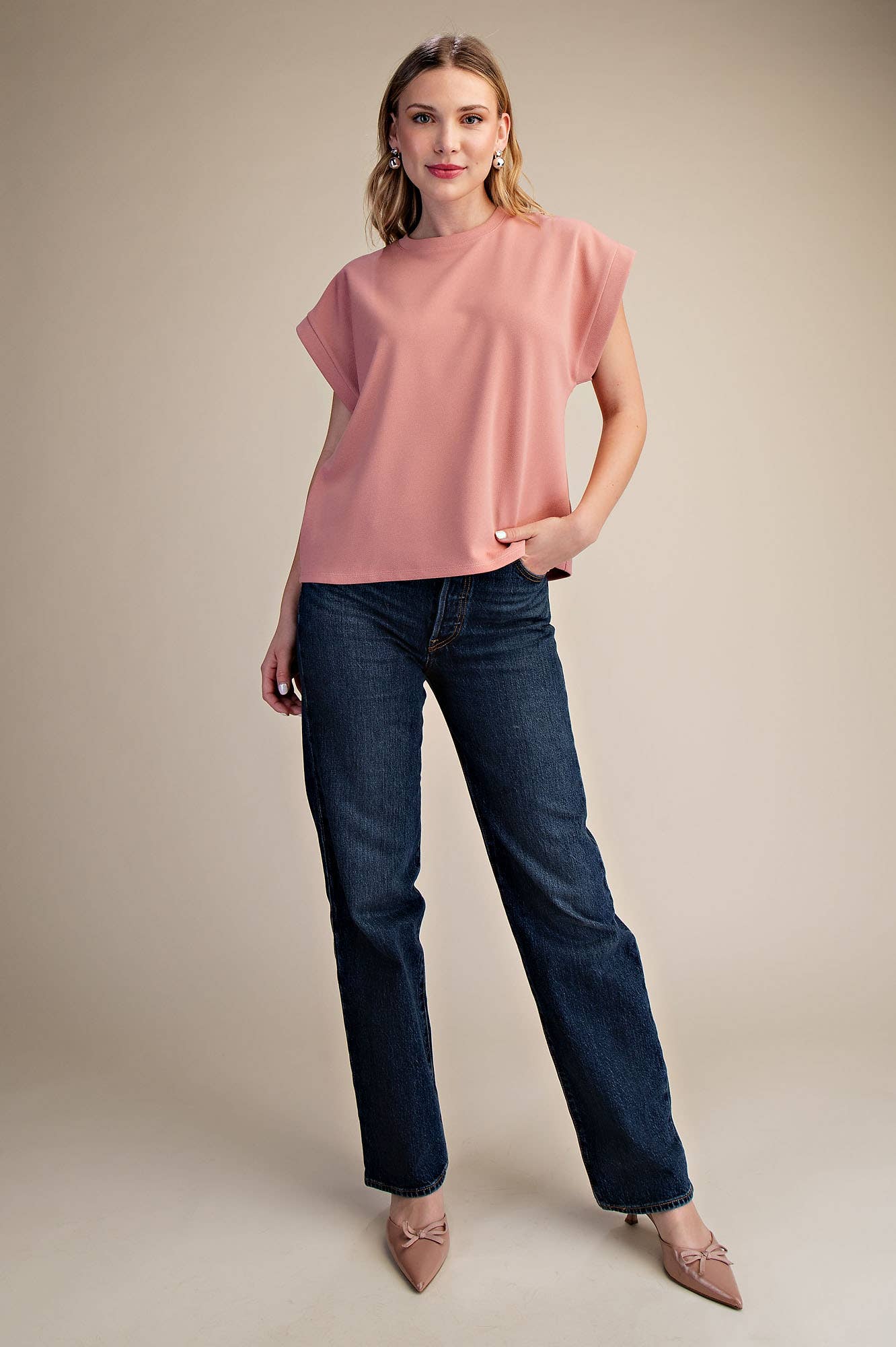 Glam - Crew Neckline Cuffed Top/ Blush
