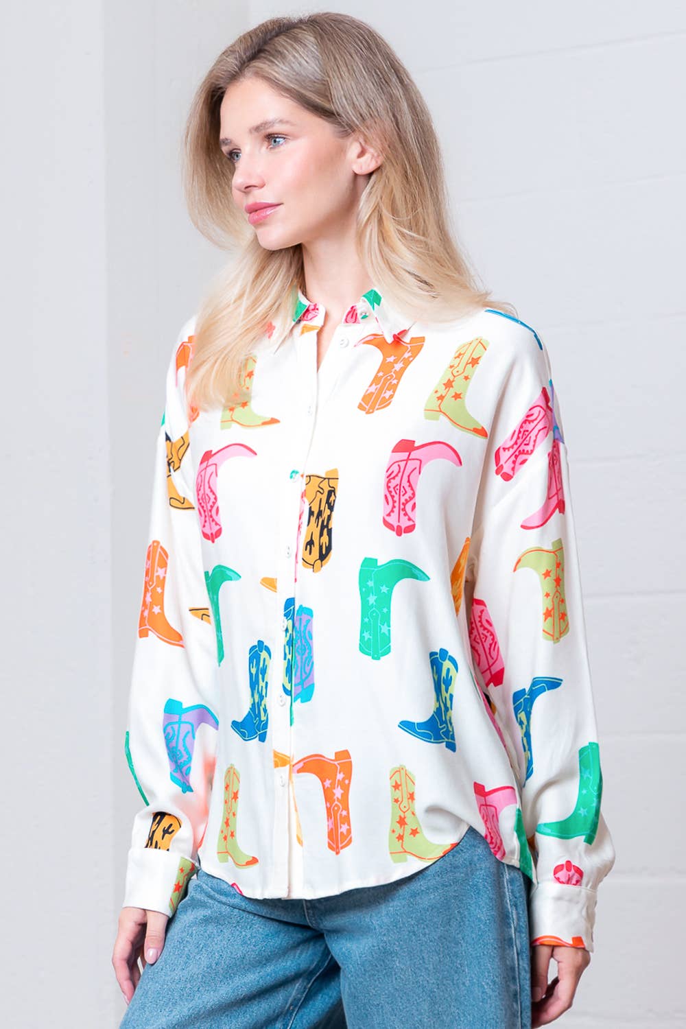 Taelynn - Cowboy Boots Print Button-Up Top