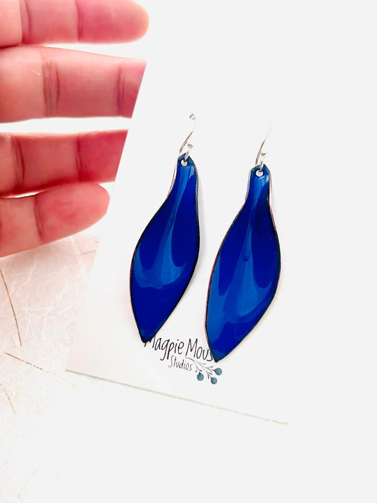 Magpie Mouse Studios - Small Leaf Earrings, Ultramarine Blue Enamel